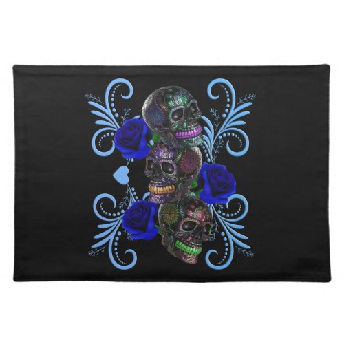 Triple Black Day Of The Dead Skulls Blue Roses Cloth Placemat