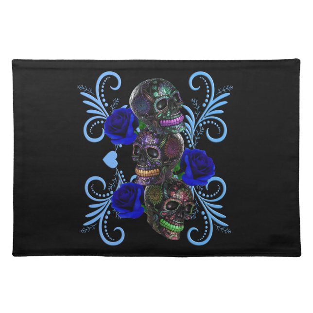 Triple Black Day Of The Dead Skulls Blue Roses Cloth Placemat (Front)