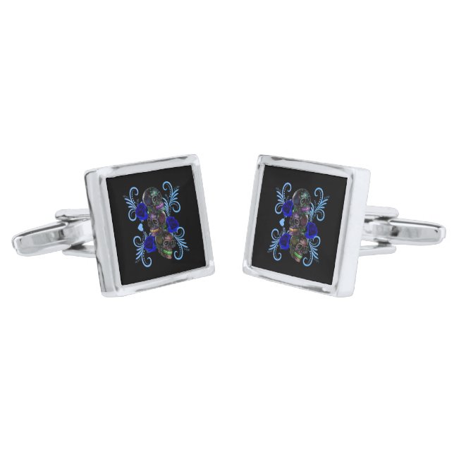 Triple Black Day Of The Dead Skulls Blue Roses Cufflinks (Angled)