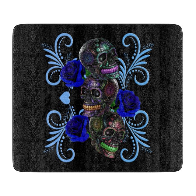 Triple Black Day Of The Dead Skulls Blue Roses Cutting Board (Front)