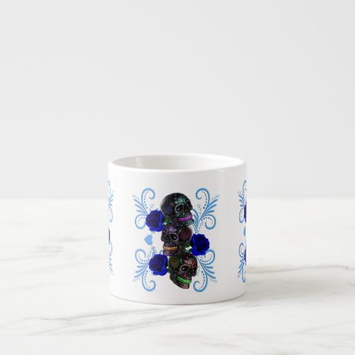 Triple Black Day Of The Dead Skulls Blue Roses Espresso Cup