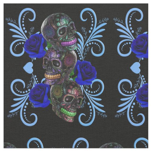 Triple Black Day Of The Dead Skulls Blue Roses Fabric