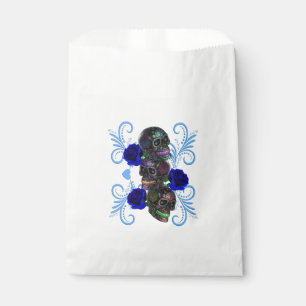 Triple Black Day Of The Dead Skulls Blue Roses Favor Bag