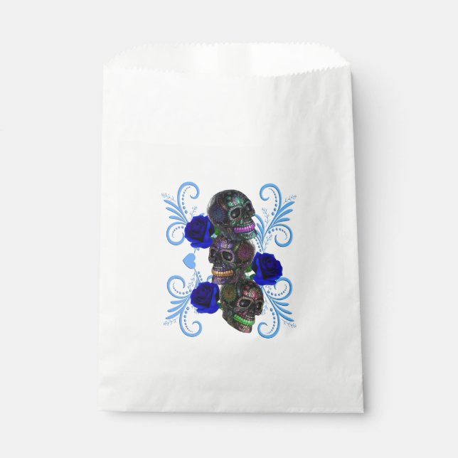 Triple Black Day Of The Dead Skulls Blue Roses Favor Bag (Front)