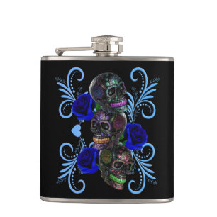 Triple Black Day Of The Dead Skulls Blue Roses Flask