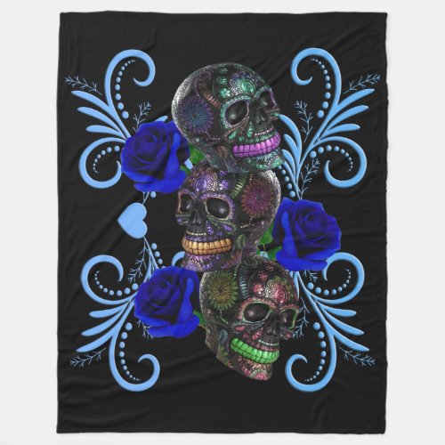 Triple Black Day Of The Dead Skulls Blue Roses Fleece Blanket