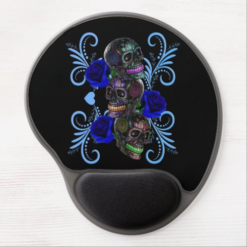 Triple Black Day Of The Dead Skulls Blue Roses Gel Mouse Pad