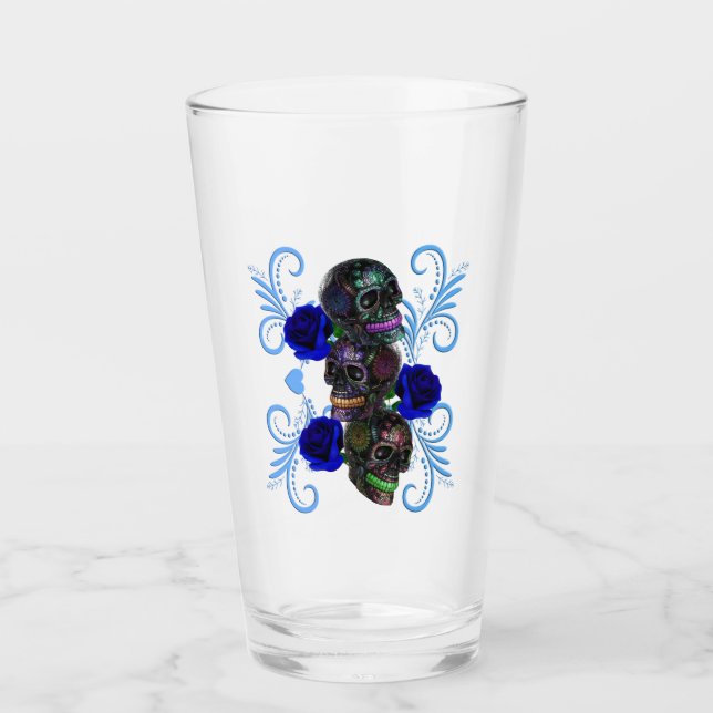 Triple Black Day Of The Dead Skulls Blue Roses Glass (Front)