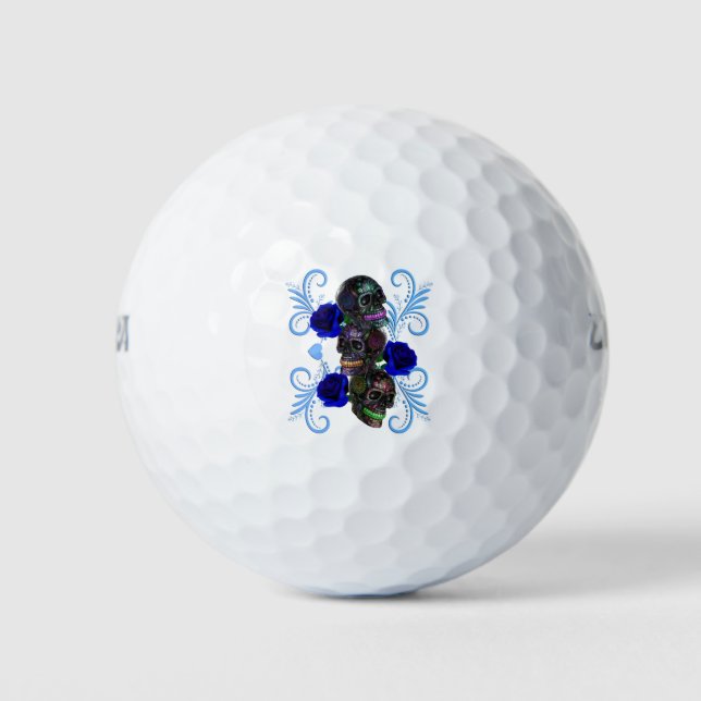 Triple Black Day Of The Dead Skulls Blue Roses Golf Balls (Front)