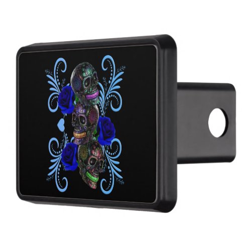 Triple Black Day Of The Dead Skulls Blue Roses Hitch Cover