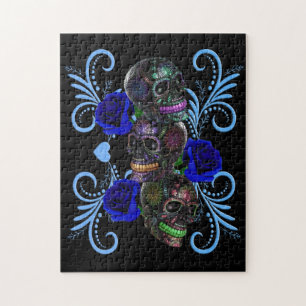 Triple Black Day Of The Dead Skulls Blue Roses Jigsaw Puzzle