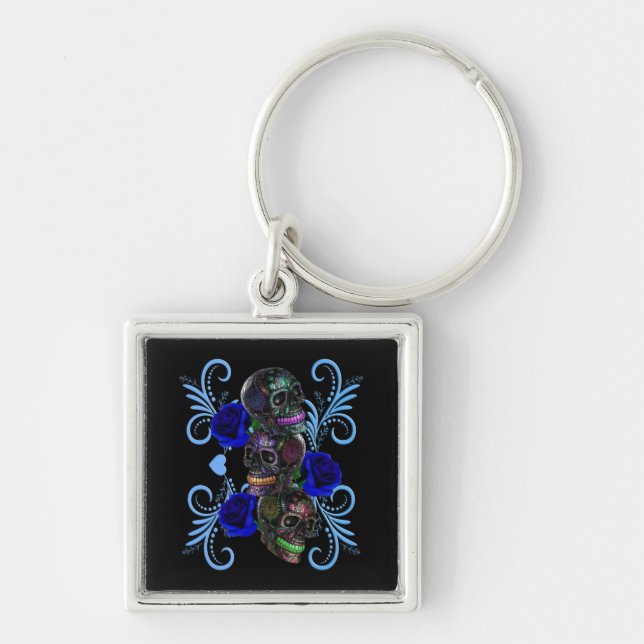 Triple Black Day Of The Dead Skulls Blue Roses Keychain (Front)