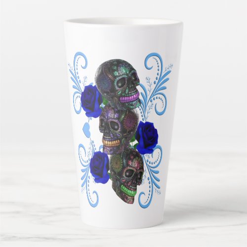 Triple Black Day Of The Dead Skulls Blue Roses Latte Mug