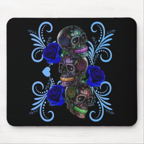 Triple Black Day Of The Dead Skulls Blue Roses Mouse Pad