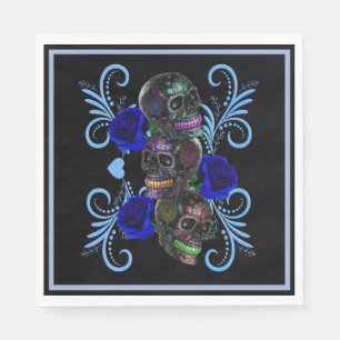 Triple Black Day Of The Dead Skulls Blue Roses Napkins