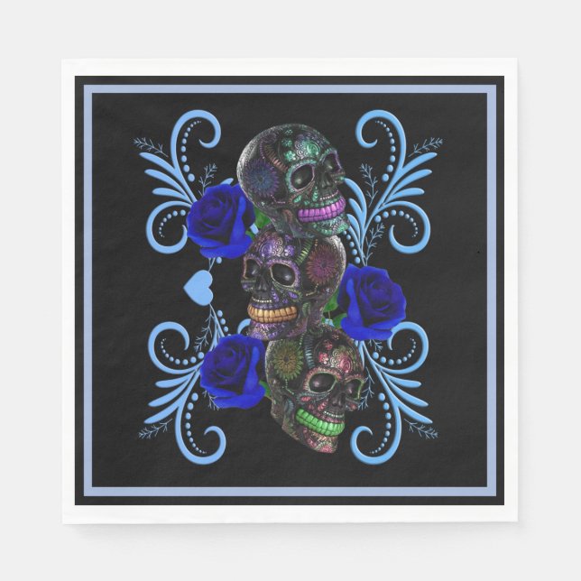 Triple Black Day Of The Dead Skulls Blue Roses Napkins (Front)
