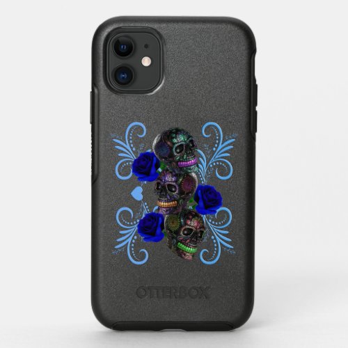 Triple Black Day Of The Dead Skulls Blue Roses OtterBox Symmetry iPhone 11 Case