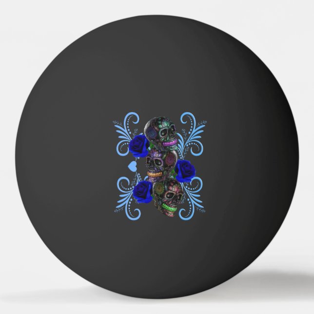 Triple Black Day Of The Dead Skulls Blue Roses Ping Pong Ball (Front)