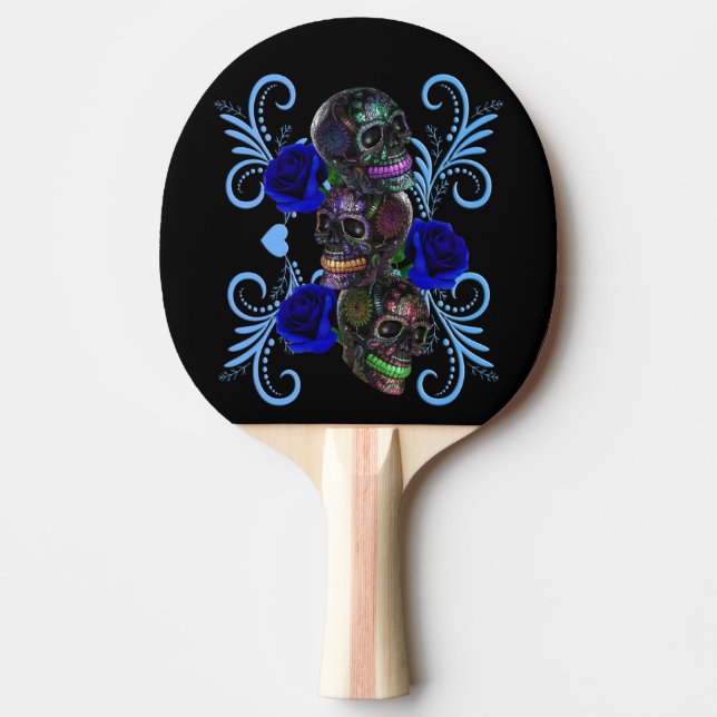 Triple Black Day Of The Dead Skulls Blue Roses Ping Pong Paddle (Front)