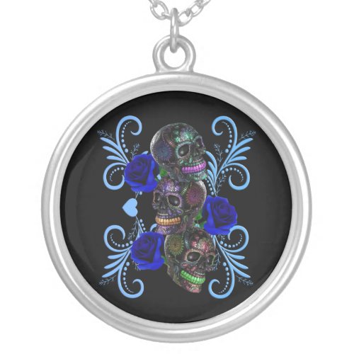 Triple Black Day Of The Dead Skulls Blue Roses Silver Plated Necklace