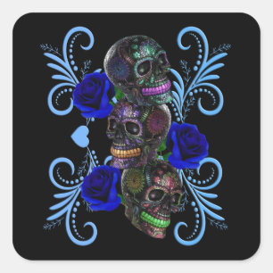 Triple Black Day Of The Dead Skulls Blue Roses Square Sticker