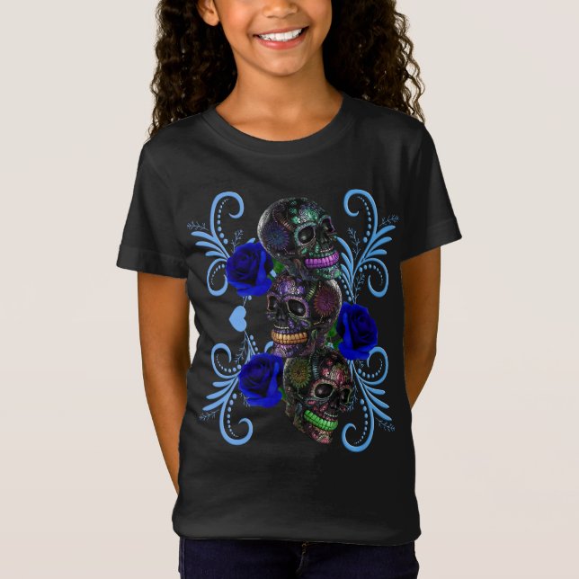 Triple Black Day Of The Dead Skulls Blue Roses T-Shirt (Front)