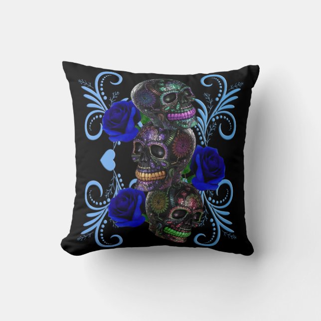 Triple Black Day Of The Dead Skulls Blue Roses Throw Pillow (Front)