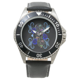 Triple Black Day Of The Dead Skulls Blue Roses Watch