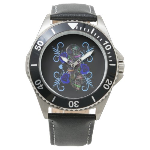 Triple Black Day Of The Dead Skulls Blue Roses Watch