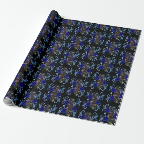 Triple Black Day Of The Dead Skulls Blue Roses Wrapping Paper