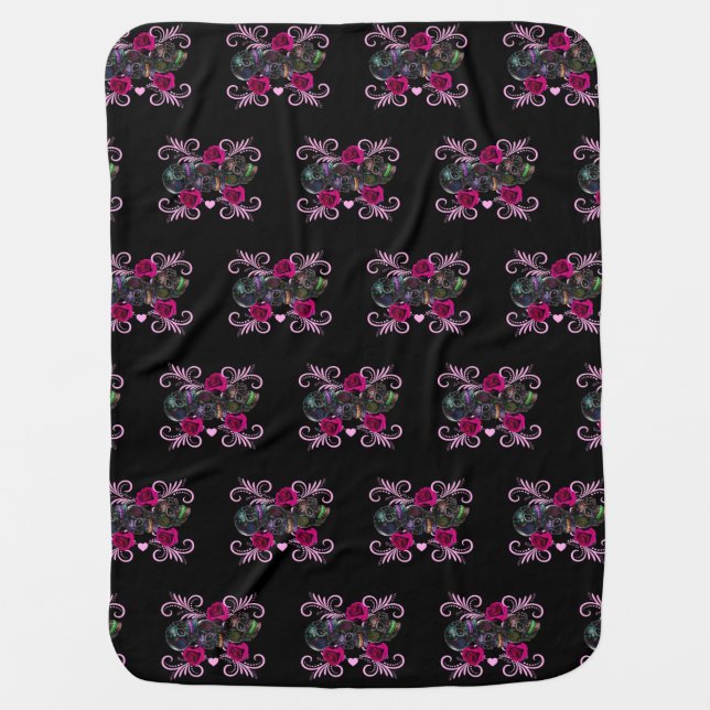 Triple Black Day Of The Dead Skulls Pink Roses Baby Blanket (Front)