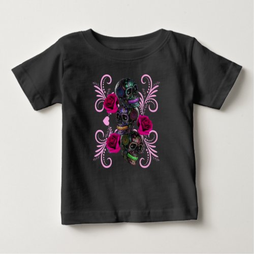 Triple Black Day Of The Dead Skulls Pink Roses Baby T_Shirt