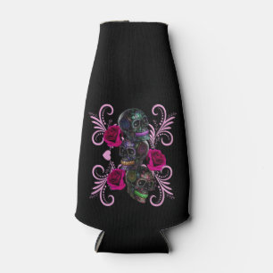 Triple Black Day Of The Dead Skulls Pink Roses Bottle Cooler