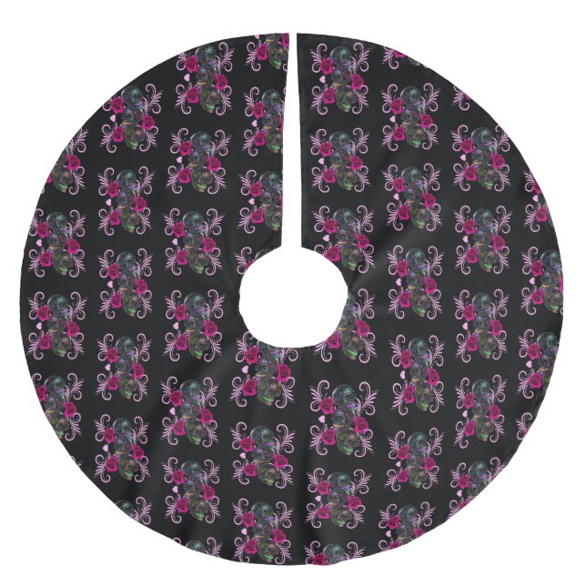 Triple Black Day Of The Dead Skulls Pink Roses Brushed Polyester Tree Skirt (Front)