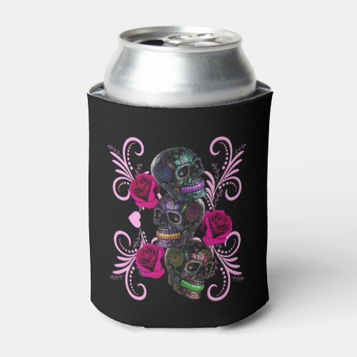 Triple Black Day Of The Dead Skulls Pink Roses Can Cooler