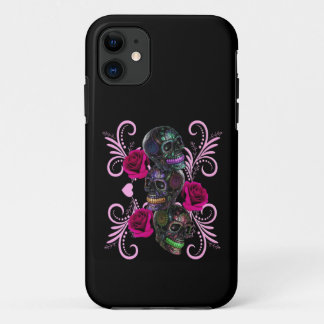 Triple Black Day Of The Dead Skulls Pink Roses iPhone 11 Case