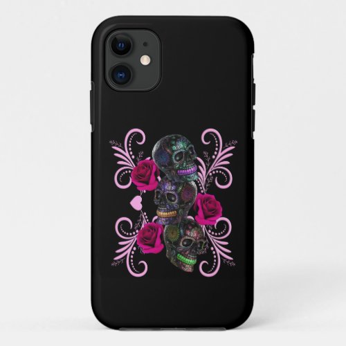 Triple Black Day Of The Dead Skulls Pink Roses iPhone 11 Case