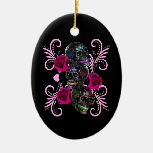 Triple Black Day Of The Dead Skulls Pink Roses Ceramic Ornament