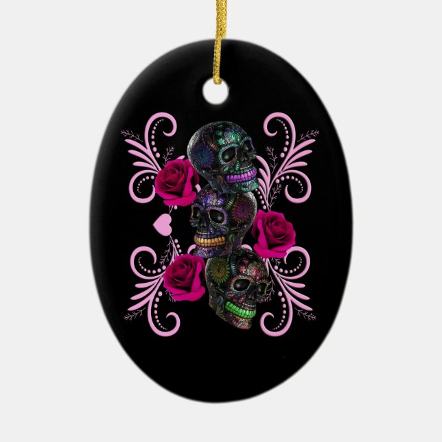 Triple Black Day Of The Dead Skulls Pink Roses Ceramic Ornament (Front)