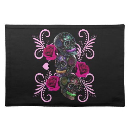 Triple Black Day Of The Dead Skulls Pink Roses Cloth Placemat