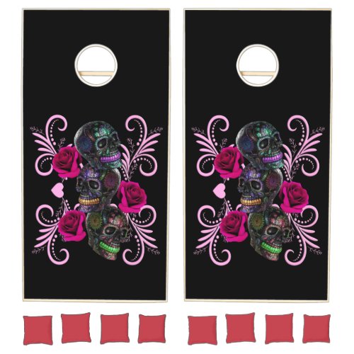 Triple Black Day Of The Dead Skulls Pink Roses Cornhole Set