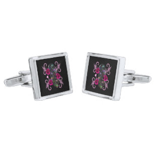 Triple Black Day Of The Dead Skulls Pink Roses Cufflinks