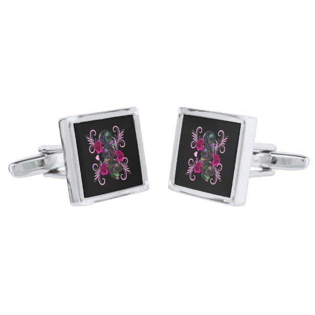 Triple Black Day Of The Dead Skulls Pink Roses Cufflinks (Angled)