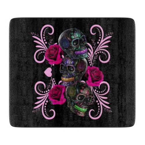 Triple Black Day Of The Dead Skulls Pink Roses Cutting Board