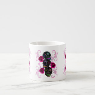Triple Black Day Of The Dead Skulls Pink Roses Espresso Cup