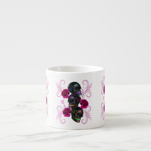 Triple Black Day Of The Dead Skulls Pink Roses Espresso Cup