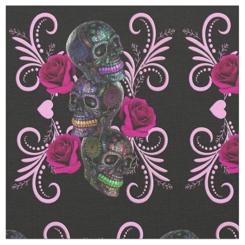 Triple Black Day Of The Dead Skulls Pink Roses Fabric