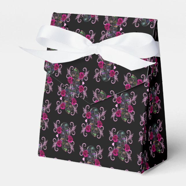 Triple Black Day Of The Dead Skulls Pink Roses Favor Boxes (Front Side)