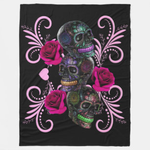 Triple Black Day Of The Dead Skulls Pink Roses Fleece Blanket