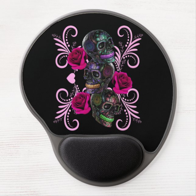 Triple Black Day Of The Dead Skulls Pink Roses Gel Mouse Pad (Front)